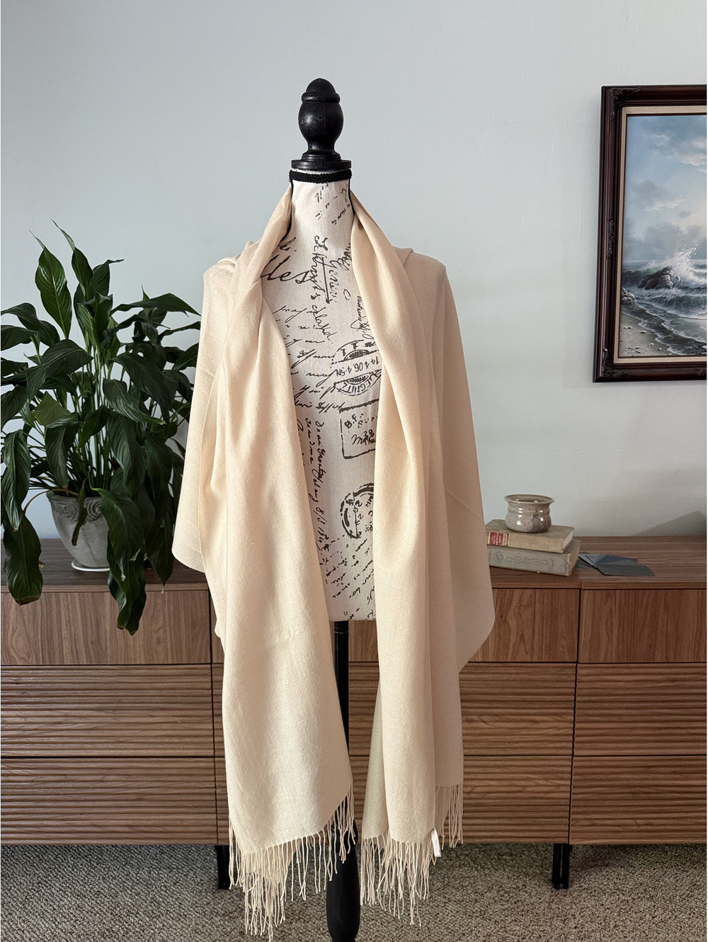Nordstrom 100% Cashmere Ivory Cream Oversized Scarf Wrap Shawl Fringe